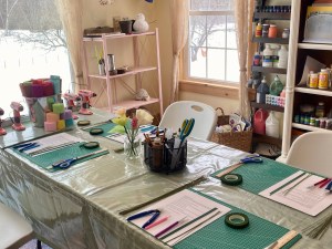 craft class setup with supplies at Riddle Hill Homestead in Grafton NH