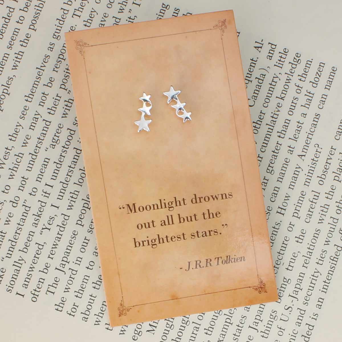 Silver-tone star stud earrings on a J.R.R. Tolkien quotation card.