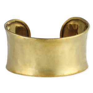 Gold-tone open cuff bracelet with rounded ends and a lightly hammered finish.