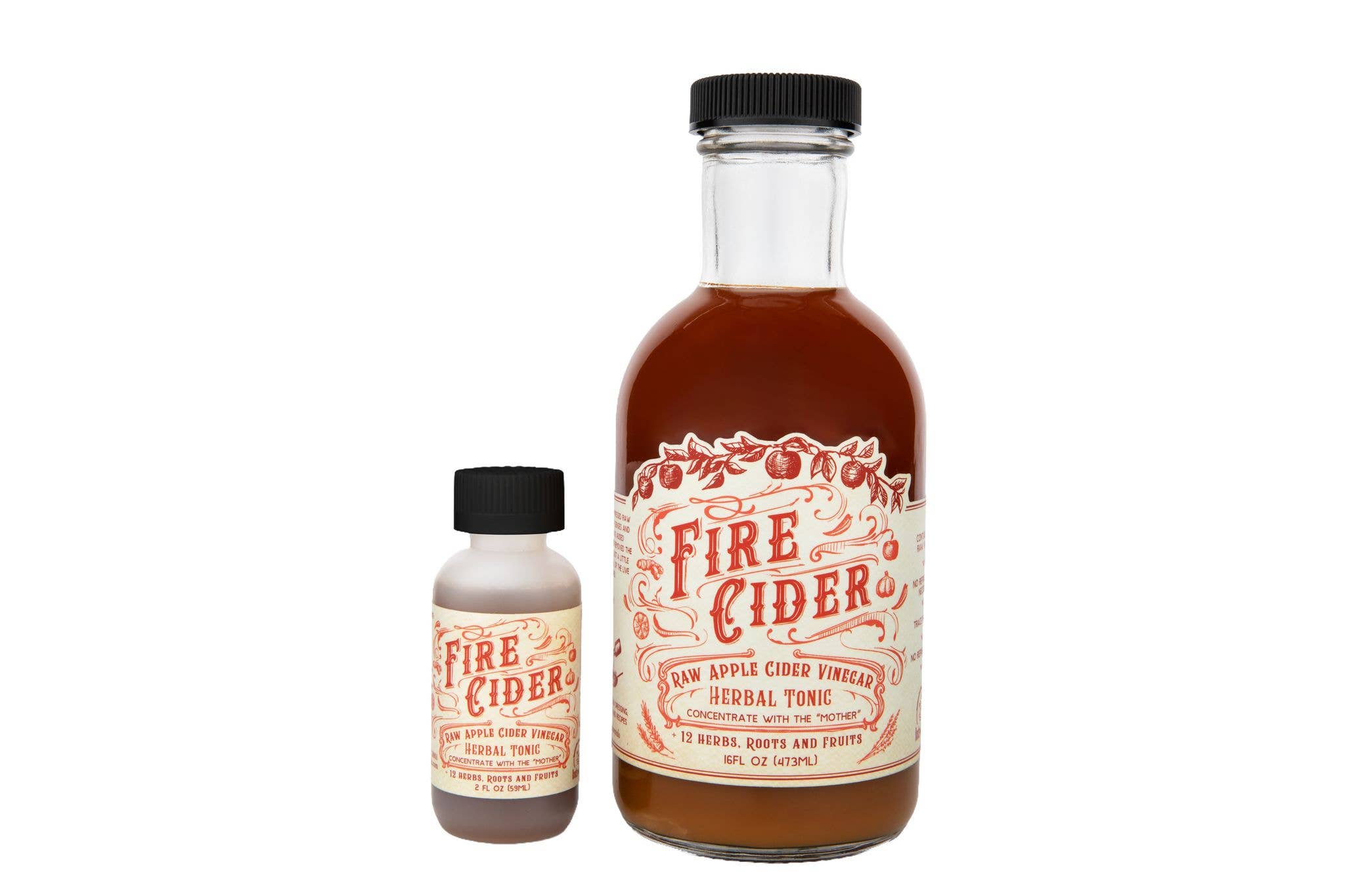 Fire Cider apple cider vinegar infusion in two bottle sizes.