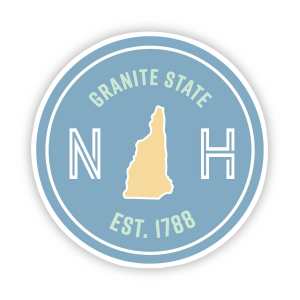 Round blue Granite State NH sticker with a New Hampshire silhouette and Est. 1788 lettering.