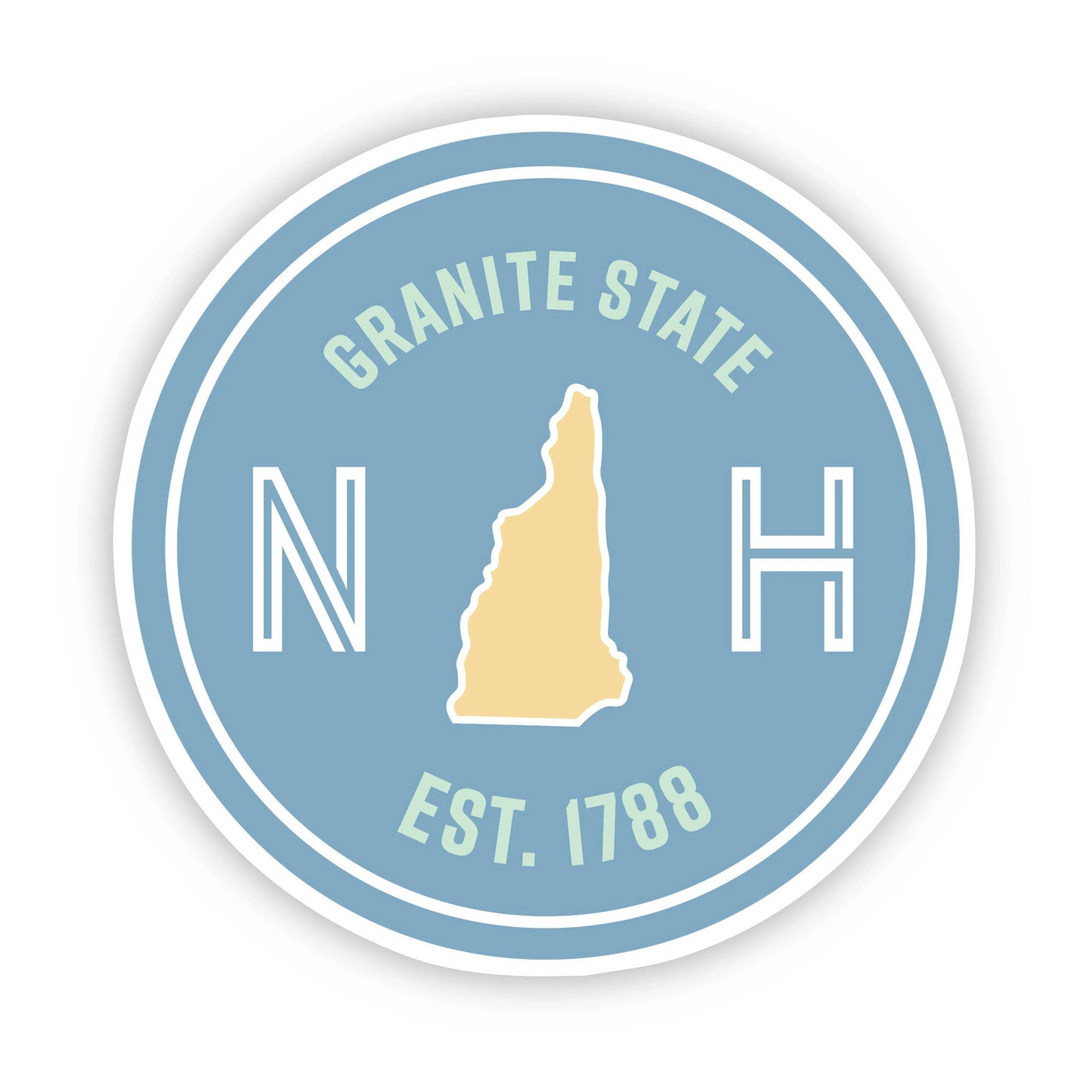 Round blue Granite State NH sticker with a New Hampshire silhouette and Est. 1788 lettering.