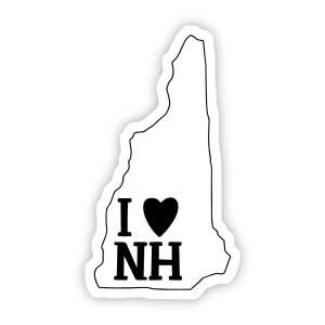 White New Hampshire-shaped sticker with black I Love NH lettering.