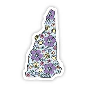 New Hampshire-shaped sticker covered in purple, blue and green flowers.