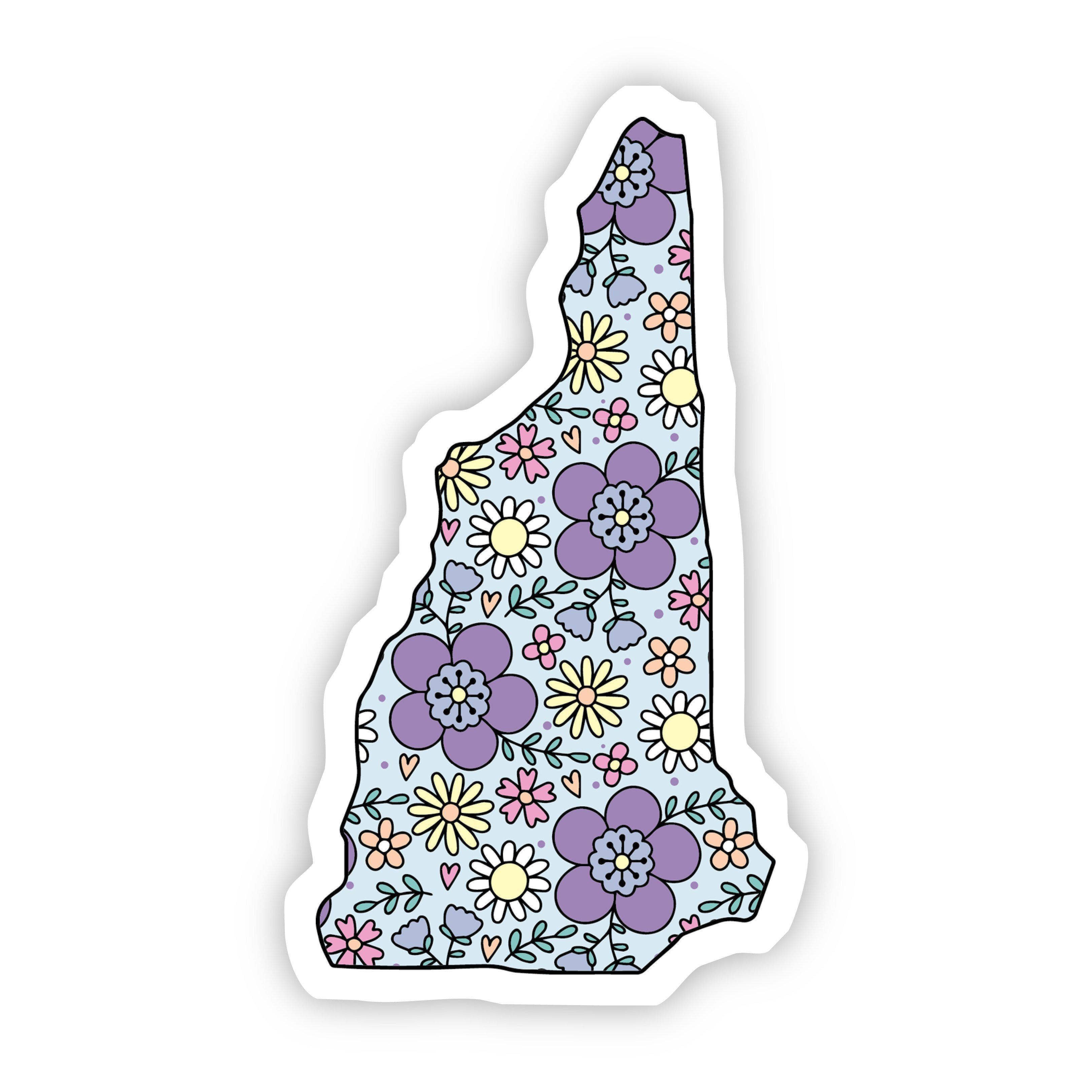 New Hampshire-shaped sticker covered in purple, blue and green flowers.
