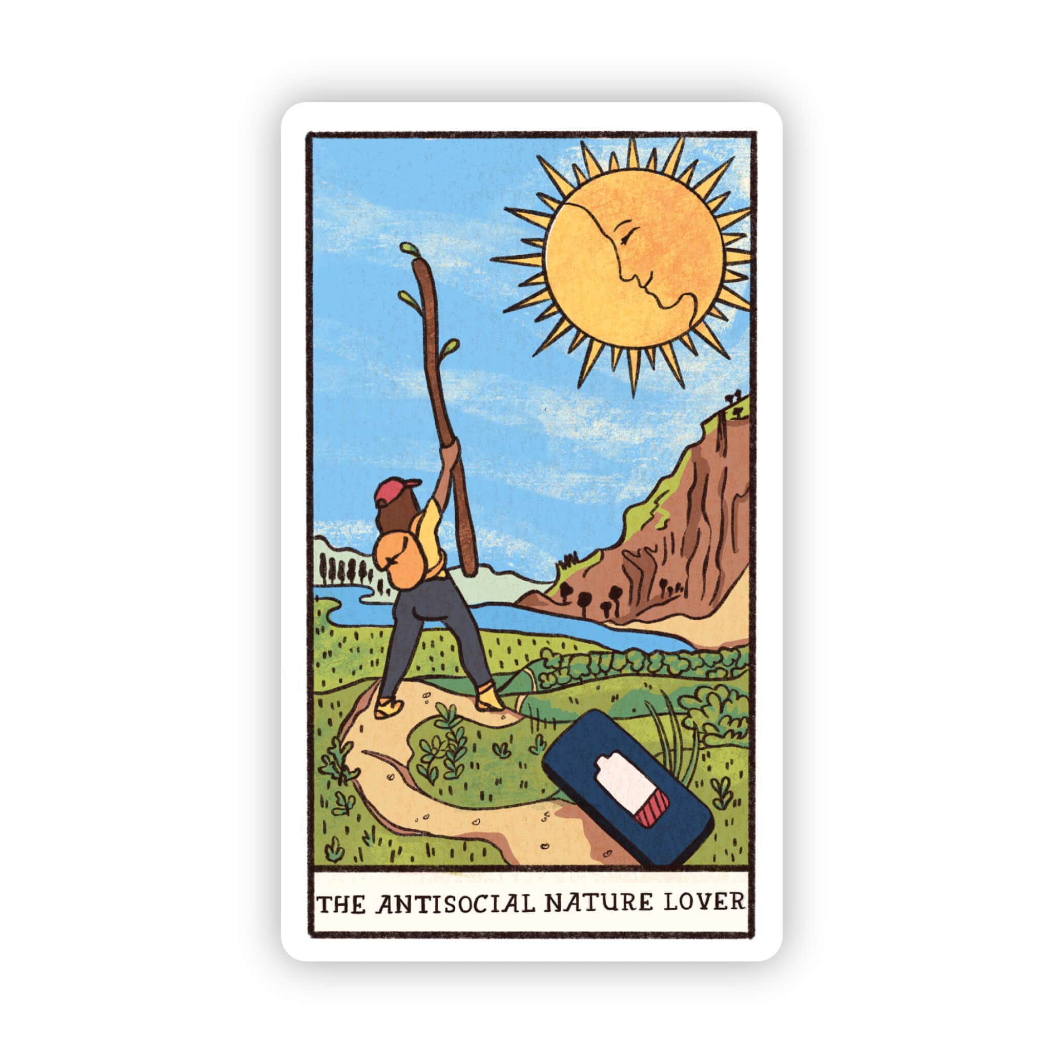 Tarot-style sticker with a sunlit outdoor scene reading The Anti Social Nature Lover.