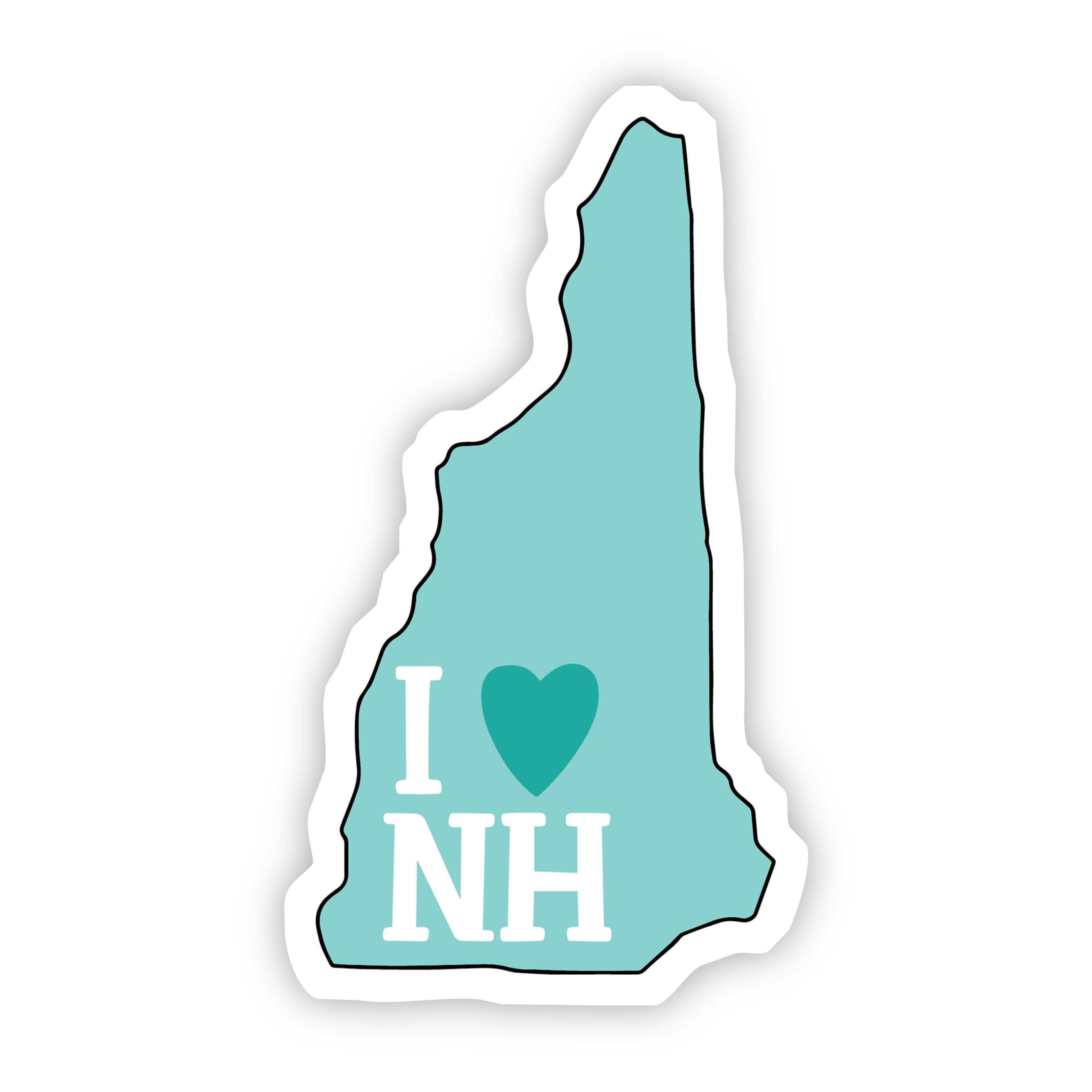 Teal New Hampshire-shaped sticker with I Love NH lettering.