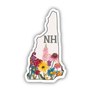 New Hampshire-shaped sticker with colorful painted flowers and NH lettering.
