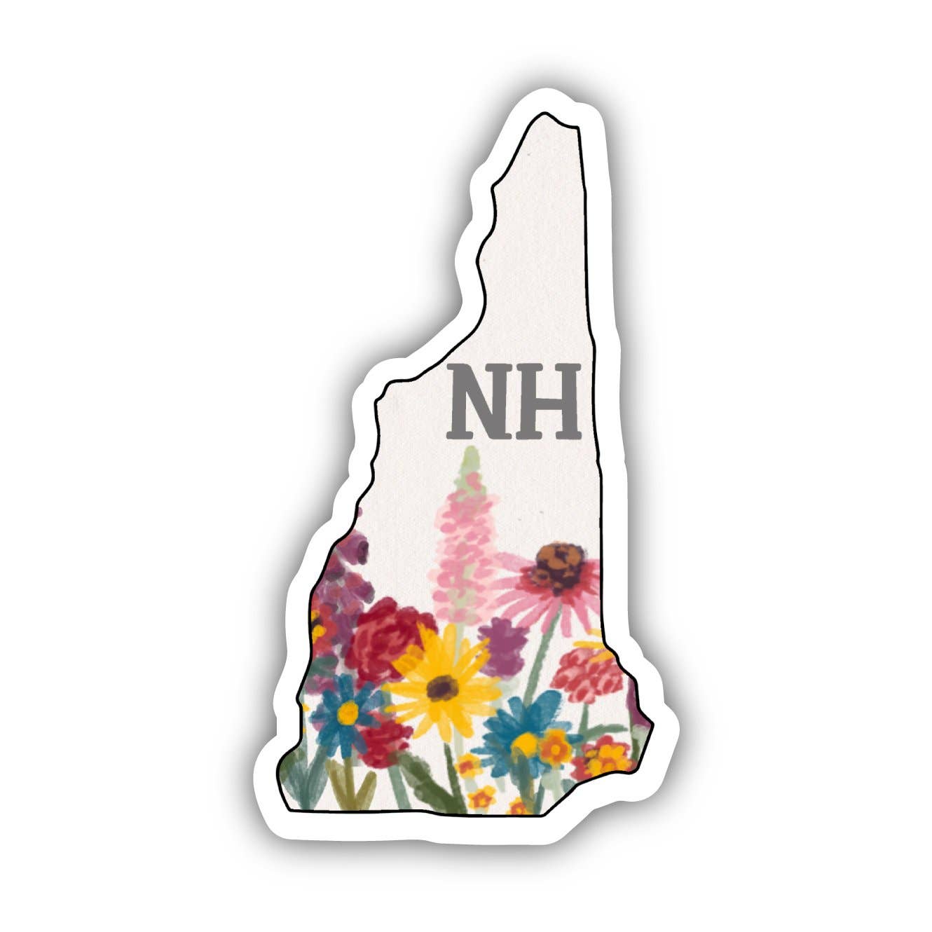 New Hampshire-shaped sticker with colorful painted flowers and NH lettering.