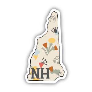 New Hampshire-shaped sticker with a soft green and orange botanical pattern.