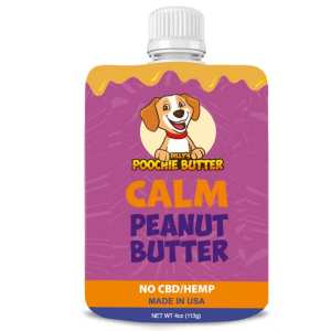 Doggie Water Calm peanut butter for dogs in a purple and yellow squeeze pouch.
