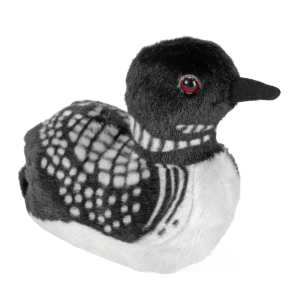 Audubon Common Loon plush with a black head, red eye and black-and-white patterned body.